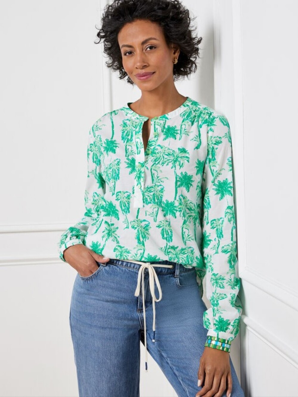 NWT Talbots Band Collar Popover Cotton Blouse Top Tropical Palm Tree Size XL